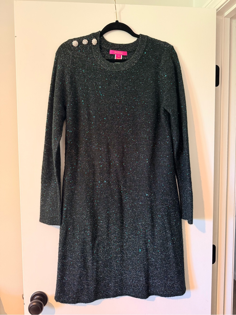 Lilly Pulitzer Dark Green Knit Dress with Teal Sparkle and Shoulder Buttons